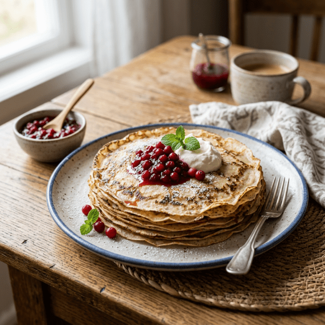 Stack of pancakes with red berries, whipped cream, and mint on a plate